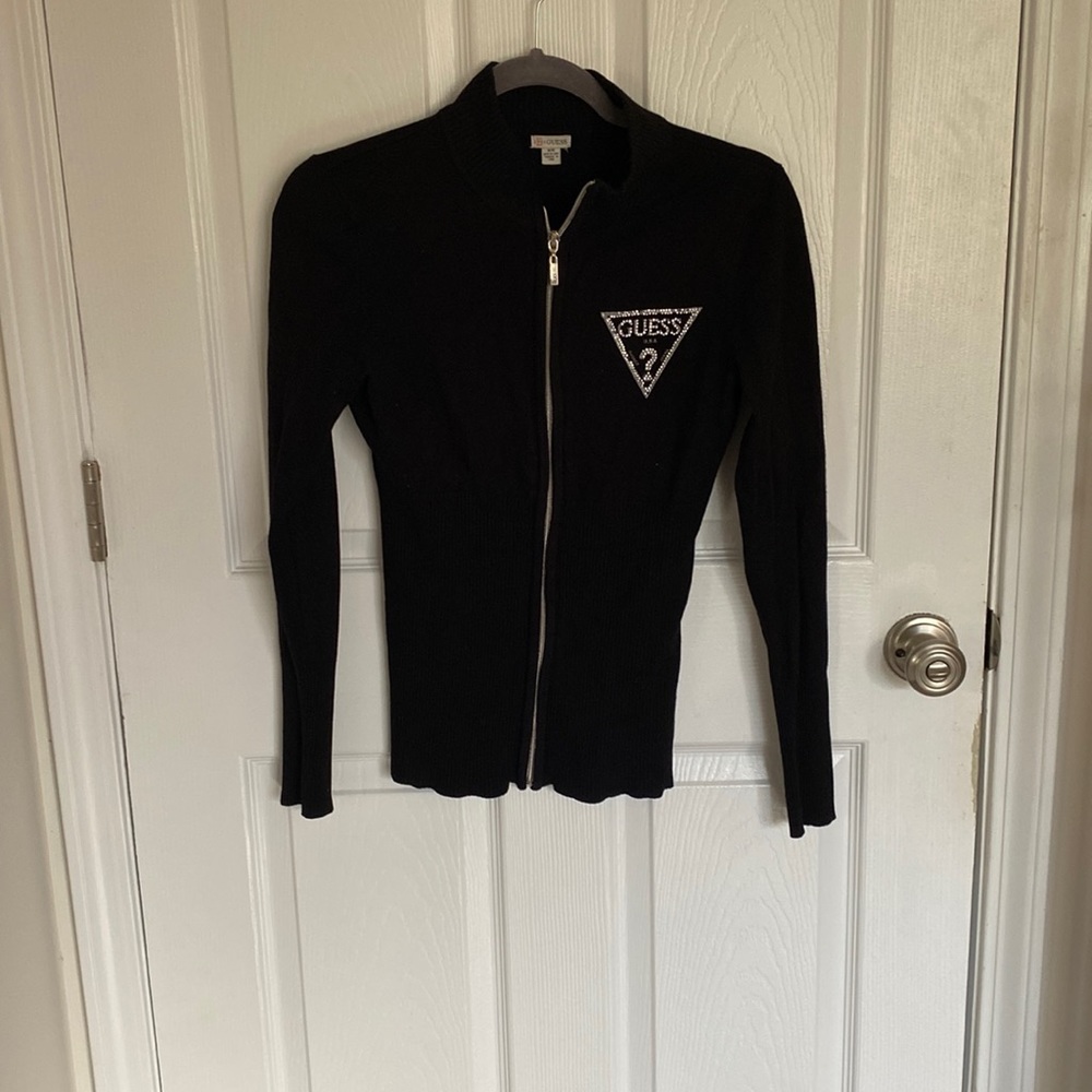 Guess zip up sweater size M black silver rhinestones
